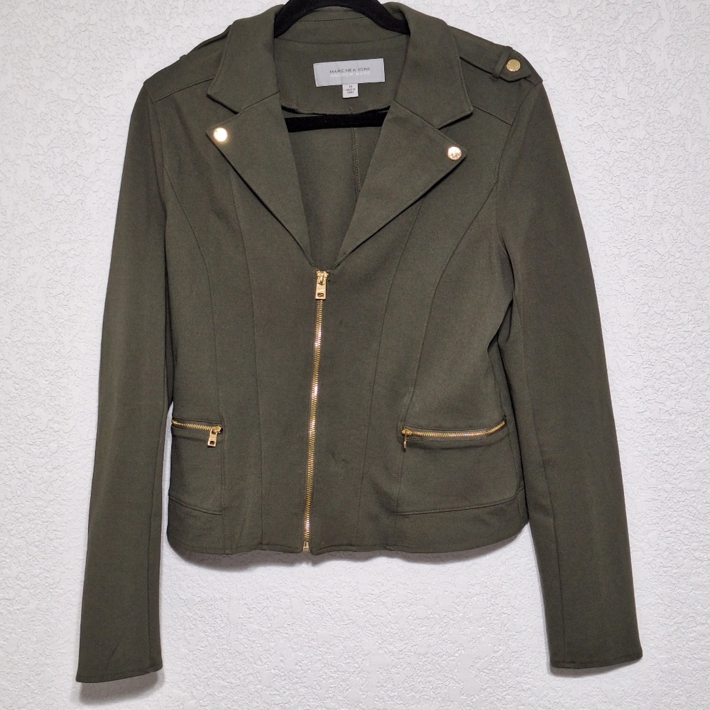 Marc New York Andrew Marc Olive Green Moto Blazer Jacket Women’s Size M Gold Zip - Picture 2 of 7